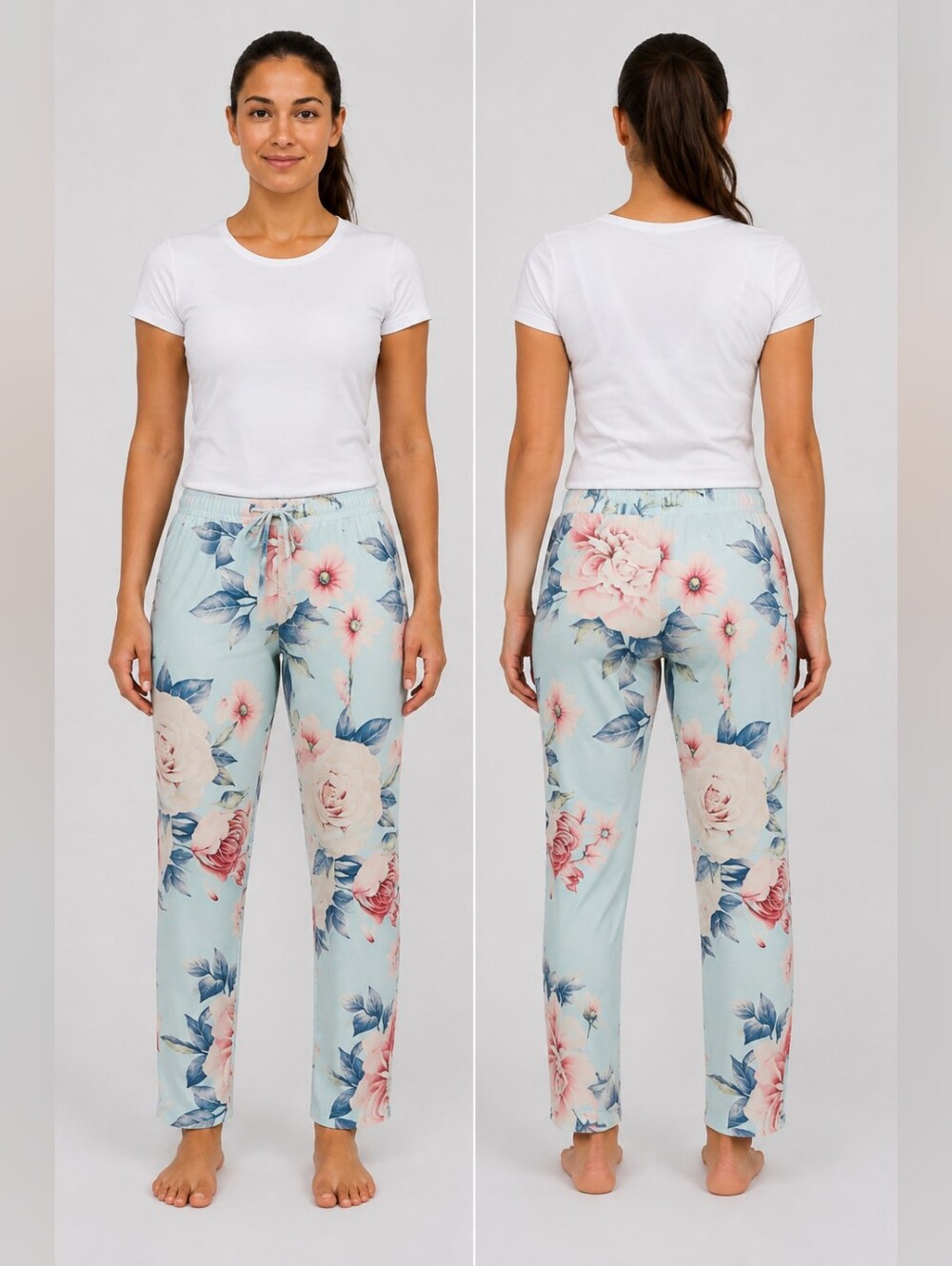 Floral Straight-Leg Pants in Light Blue